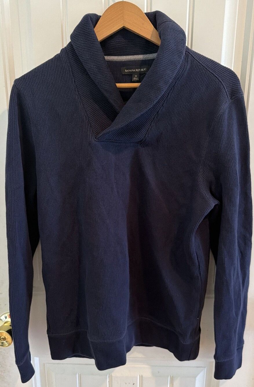 Banana Republic Ultra Soft Waffle Shawl Neck Sweater Men M Blue Pullover